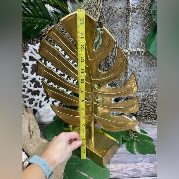 NEW LARGE Metal Brass Monstera Leaf Sculpture COASTAL NAUTICAL BEACH HOME DECOR - Picture 10 of 17